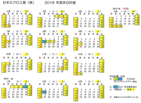 日本ミクロ工業 2018年度 カレンダー 2018 02 12 日本ミクロ工業株式会社